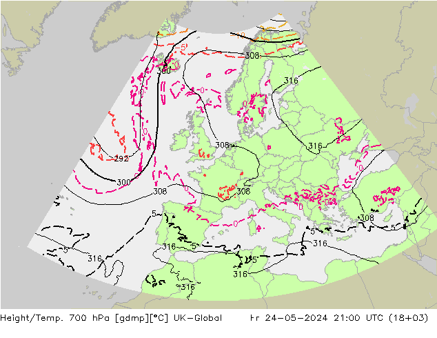 Height/Temp. 700 hPa UK-Global  24.05.2024 21 UTC