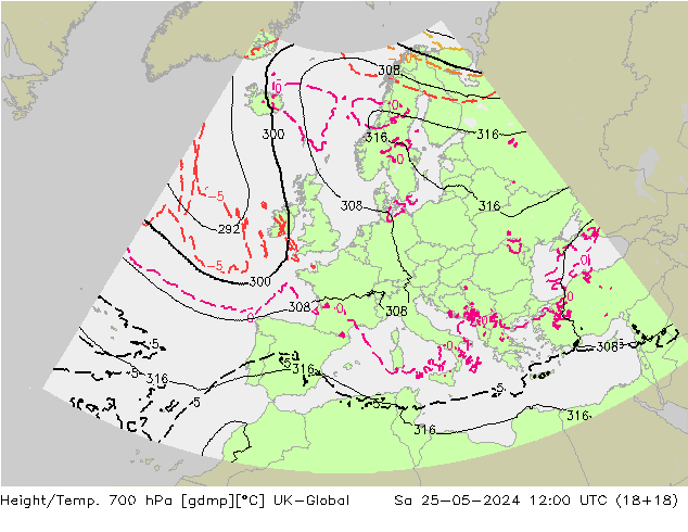 Height/Temp. 700 hPa UK-Global Sa 25.05.2024 12 UTC