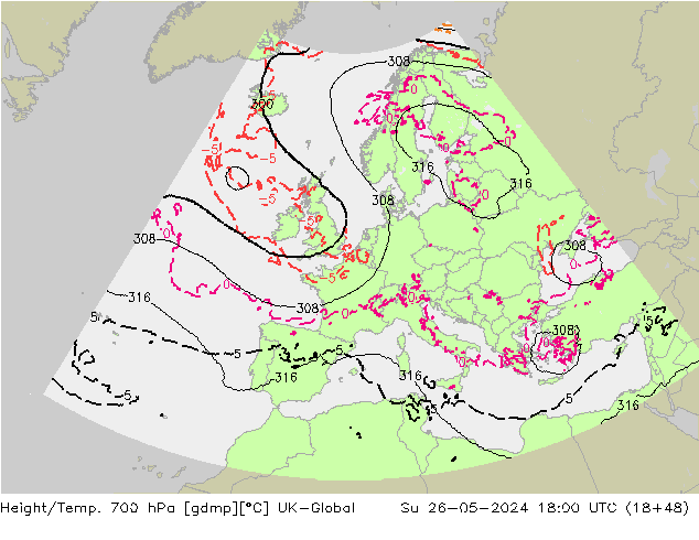 Height/Temp. 700 hPa UK-Global So 26.05.2024 18 UTC