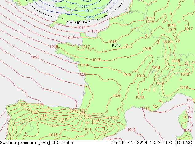 Atmosférický tlak UK-Global Ne 26.05.2024 18 UTC