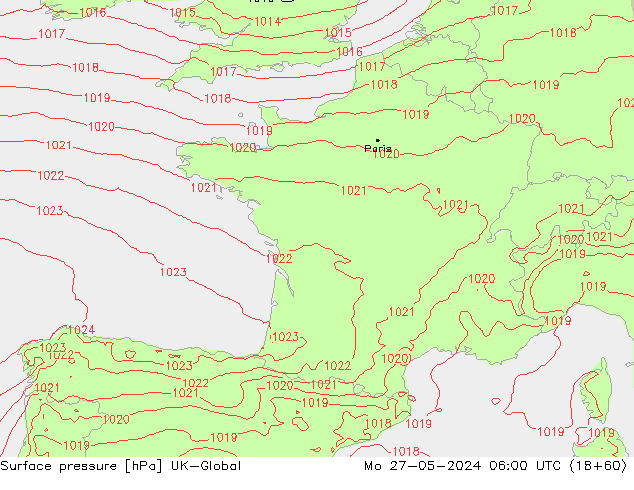 Surface pressure UK-Global Mo 27.05.2024 06 UTC