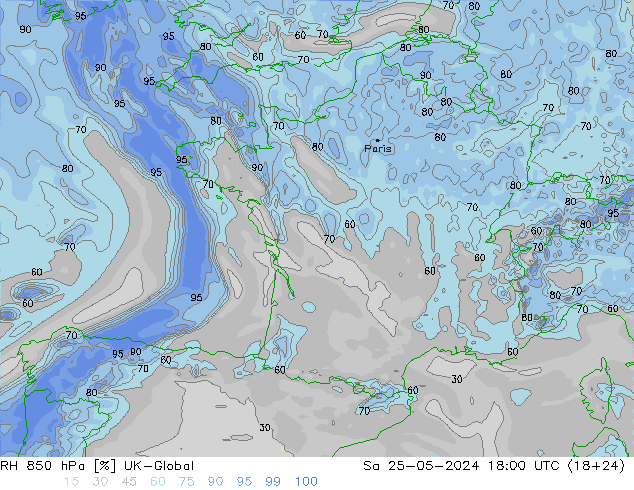 RH 850 hPa UK-Global sab 25.05.2024 18 UTC