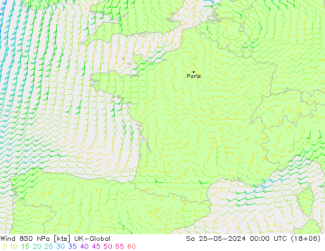 Vent 850 hPa UK-Global sam 25.05.2024 00 UTC