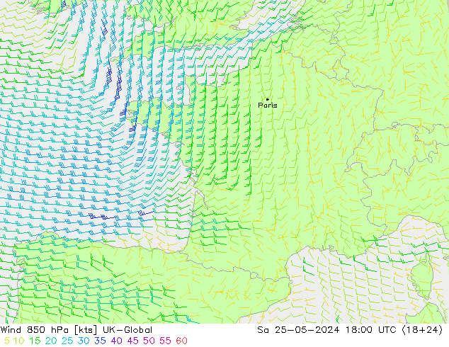 Wind 850 hPa UK-Global za 25.05.2024 18 UTC