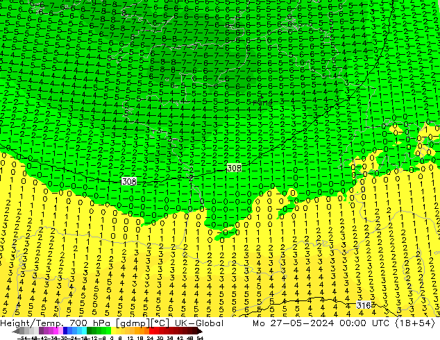 Height/Temp. 700 hPa UK-Global lun 27.05.2024 00 UTC