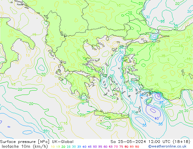 Isotachs (kph) UK-Global sab 25.05.2024 12 UTC