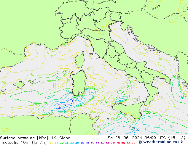 Isotachs (kph) UK-Global sam 25.05.2024 06 UTC