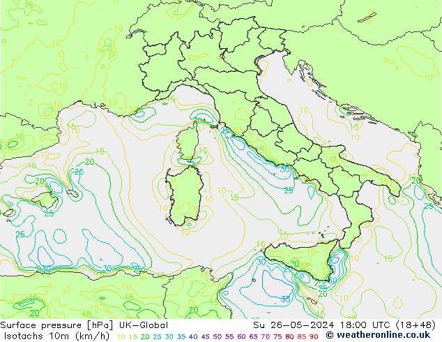 Isotachs (kph) UK-Global Su 26.05.2024 18 UTC