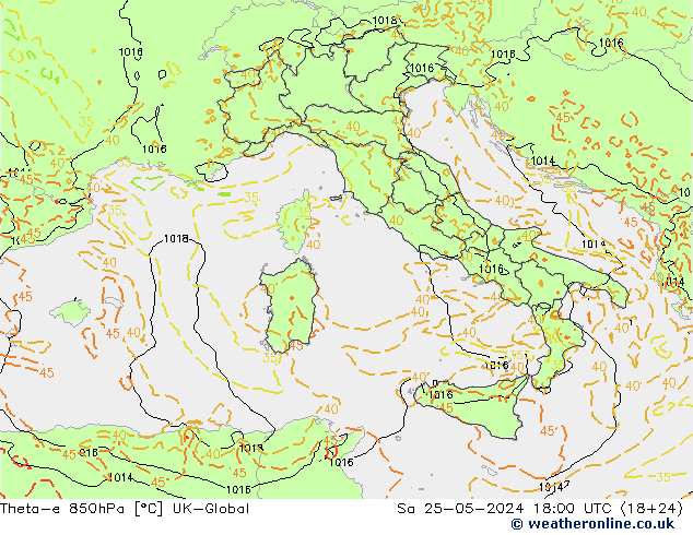 Theta-e 850hPa UK-Global  25.05.2024 18 UTC