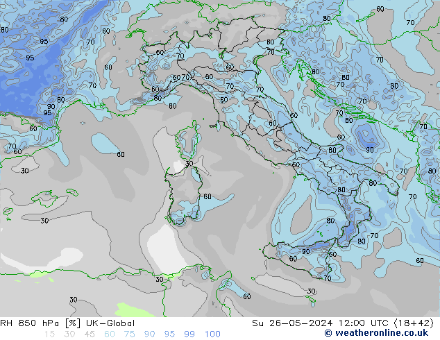 RH 850 hPa UK-Global Dom 26.05.2024 12 UTC