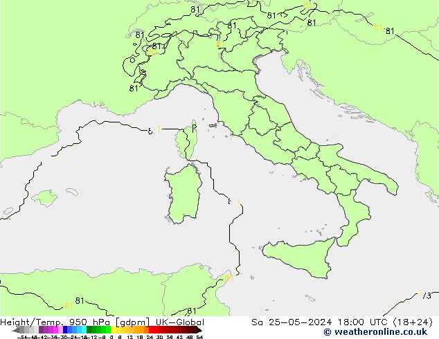 Height/Temp. 950 hPa UK-Global Sa 25.05.2024 18 UTC