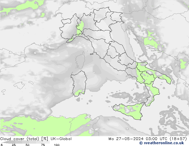 Nubes (total) UK-Global lun 27.05.2024 03 UTC