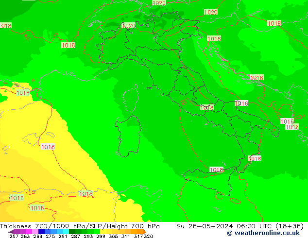 Thck 700-1000 hPa UK-Global Su 26.05.2024 06 UTC