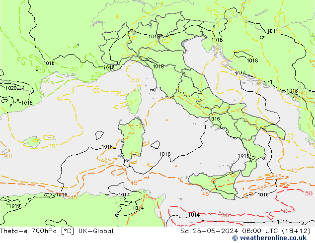 Theta-e 700гПа UK-Global сб 25.05.2024 06 UTC