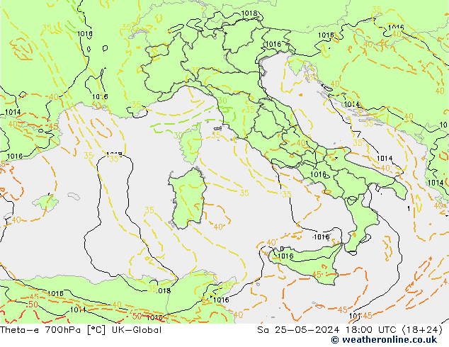 Theta-e 700hPa UK-Global Sa 25.05.2024 18 UTC