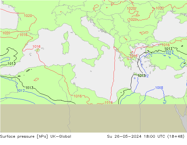 Pressione al suolo UK-Global dom 26.05.2024 18 UTC