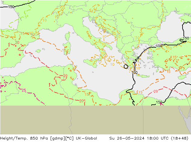 Height/Temp. 850 hPa UK-Global nie. 26.05.2024 18 UTC