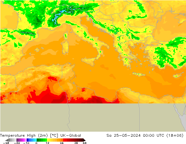 température 2m max UK-Global sam 25.05.2024 00 UTC