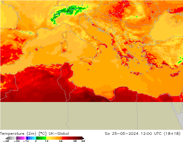 Temperatuurkaart (2m) UK-Global za 25.05.2024 12 UTC