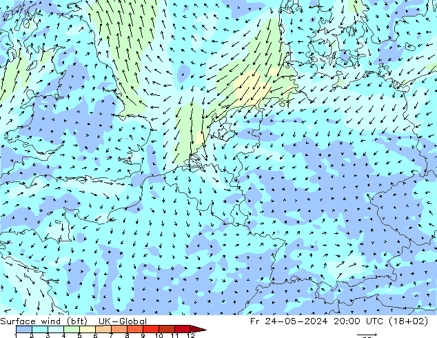 Wind 10 m (bft) UK-Global vr 24.05.2024 20 UTC