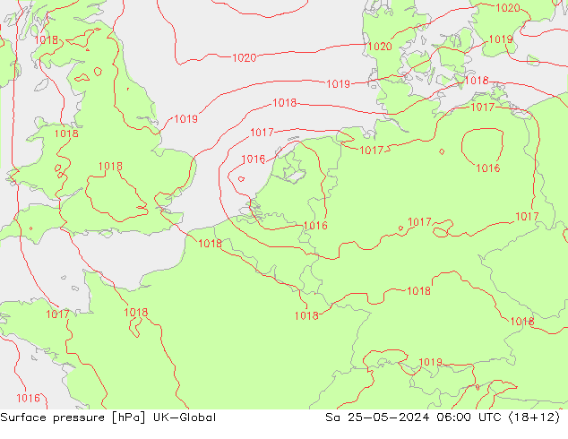 Pressione al suolo UK-Global sab 25.05.2024 06 UTC