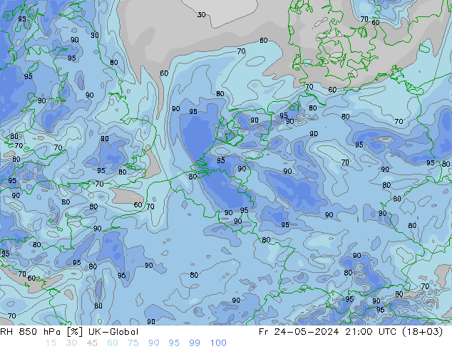 RH 850 hPa UK-Global Fr 24.05.2024 21 UTC