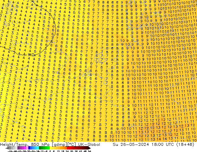 Géop./Temp. 850 hPa UK-Global dim 26.05.2024 18 UTC