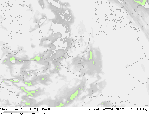 Cloud cover (total) UK-Global Po 27.05.2024 06 UTC