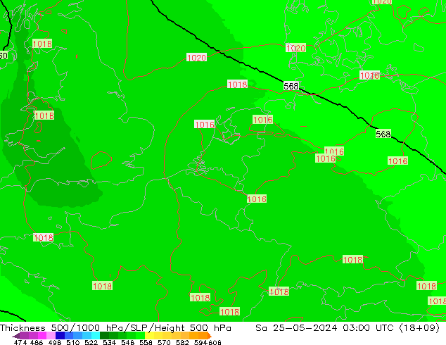 Espesor 500-1000 hPa UK-Global sáb 25.05.2024 03 UTC