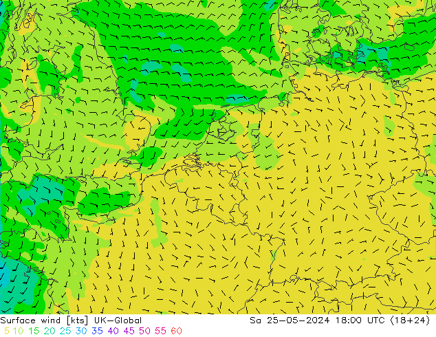 Vento 10 m UK-Global sab 25.05.2024 18 UTC