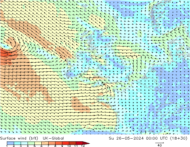 Vento 10 m (bft) UK-Global Dom 26.05.2024 00 UTC