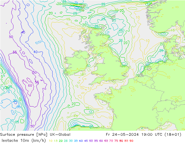 Eşrüzgar Hızları (km/sa) UK-Global Cu 24.05.2024 19 UTC