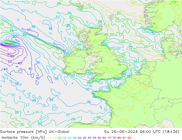 Isotachs (kph) UK-Global Su 26.05.2024 06 UTC