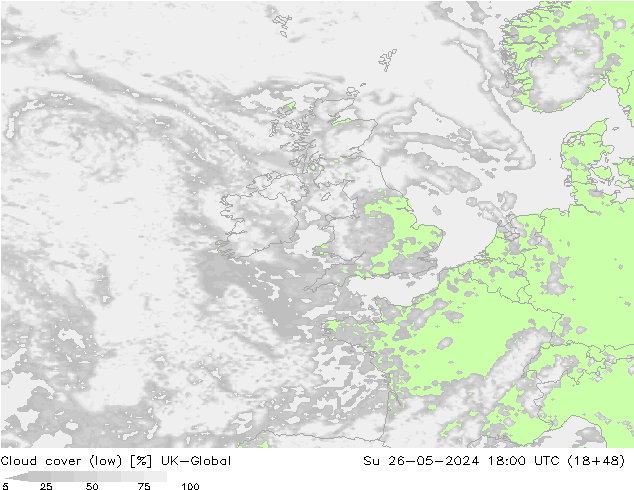 Cloud cover (low) UK-Global Su 26.05.2024 18 UTC