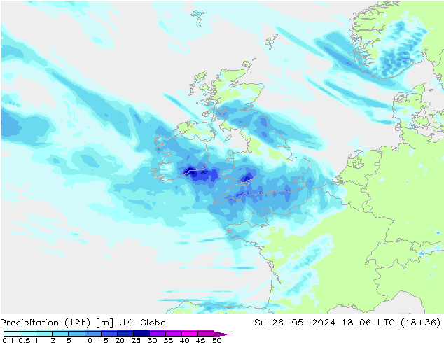 Precipitação (12h) UK-Global Dom 26.05.2024 06 UTC