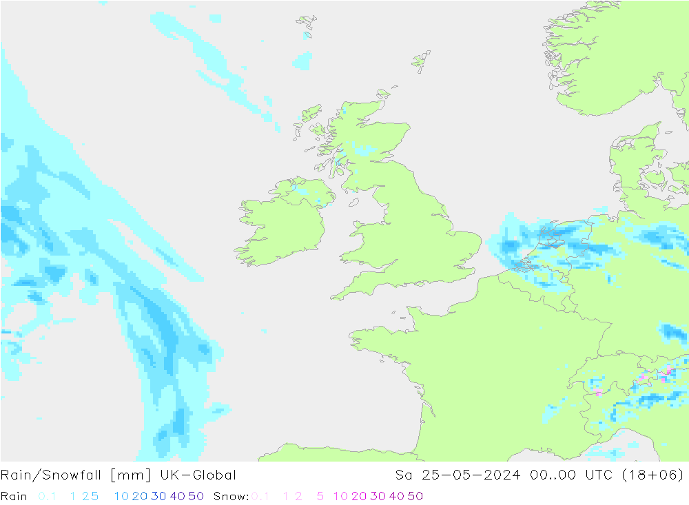 Rain/Snowfall UK-Global sam 25.05.2024 00 UTC