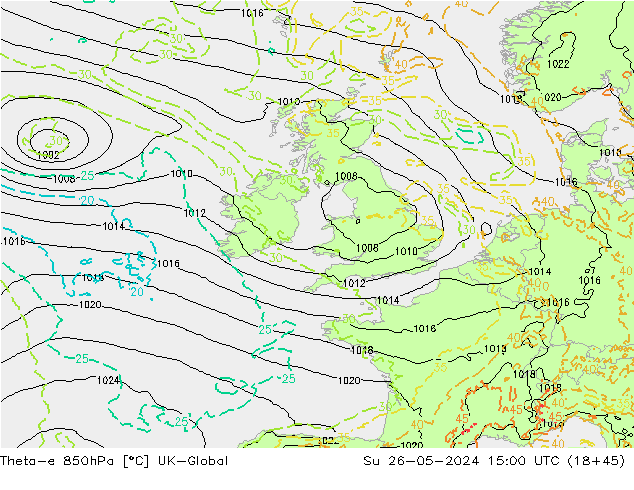 Theta-e 850hPa UK-Global nie. 26.05.2024 15 UTC