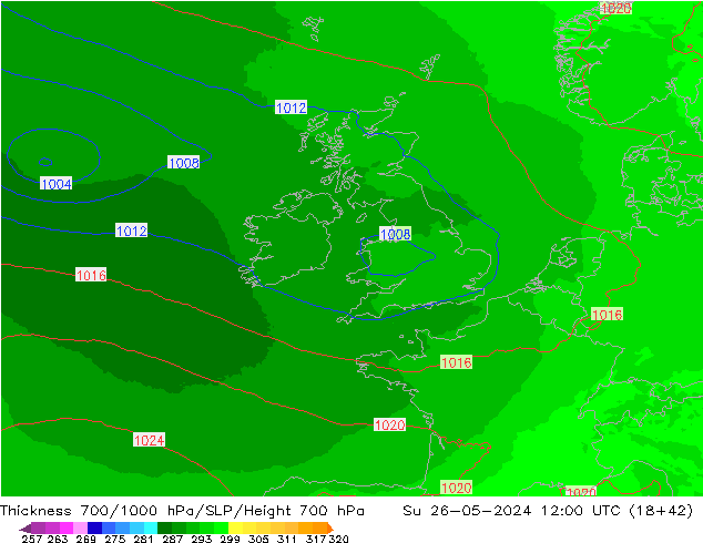 Thck 700-1000 hPa UK-Global Su 26.05.2024 12 UTC