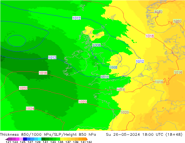 Thck 850-1000 hPa UK-Global Su 26.05.2024 18 UTC