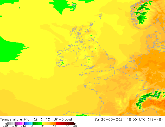 temperatura máx. (2m) UK-Global Dom 26.05.2024 18 UTC