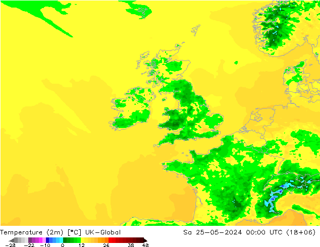 température (2m) UK-Global sam 25.05.2024 00 UTC