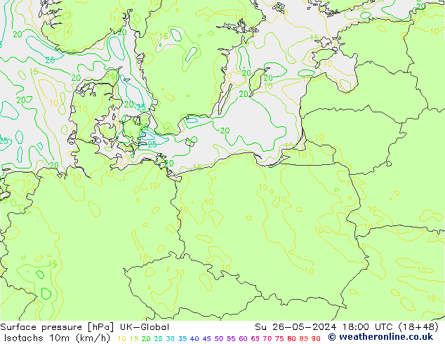 Isotachen (km/h) UK-Global zo 26.05.2024 18 UTC