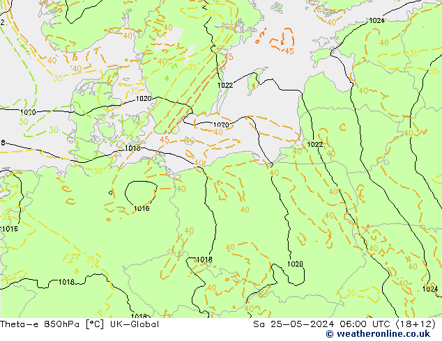 Theta-e 850hPa UK-Global Cts 25.05.2024 06 UTC