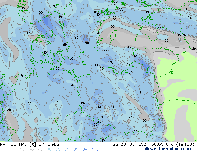 RH 700 hPa UK-Global Su 26.05.2024 09 UTC