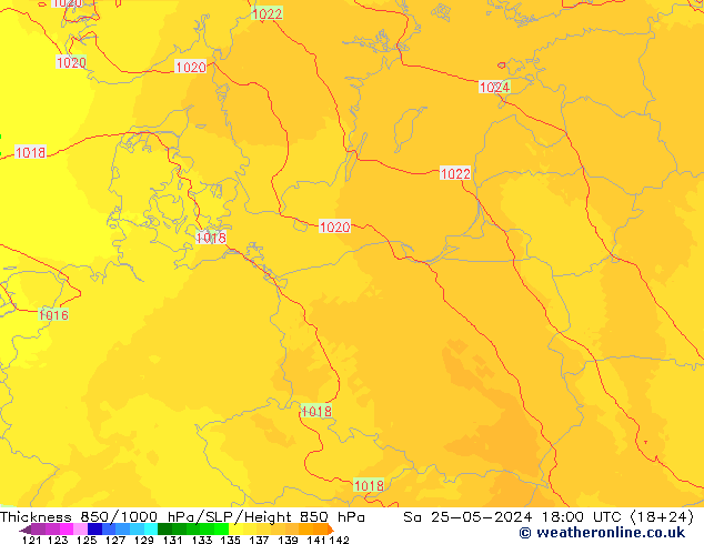 Thck 850-1000 hPa UK-Global sab 25.05.2024 18 UTC