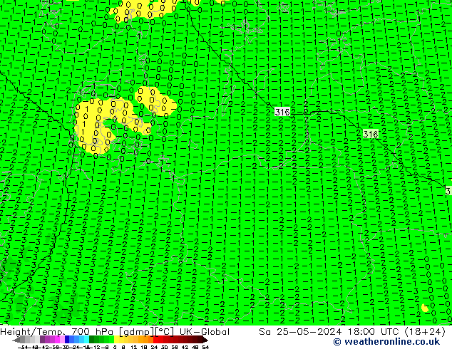 Height/Temp. 700 hPa UK-Global sab 25.05.2024 18 UTC