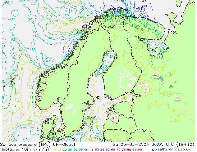 Isotachs (kph) UK-Global сб 25.05.2024 06 UTC