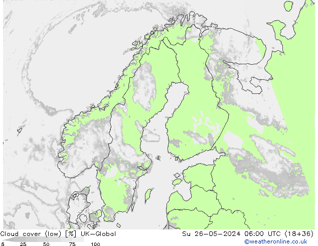 Cloud cover (low) UK-Global Su 26.05.2024 06 UTC