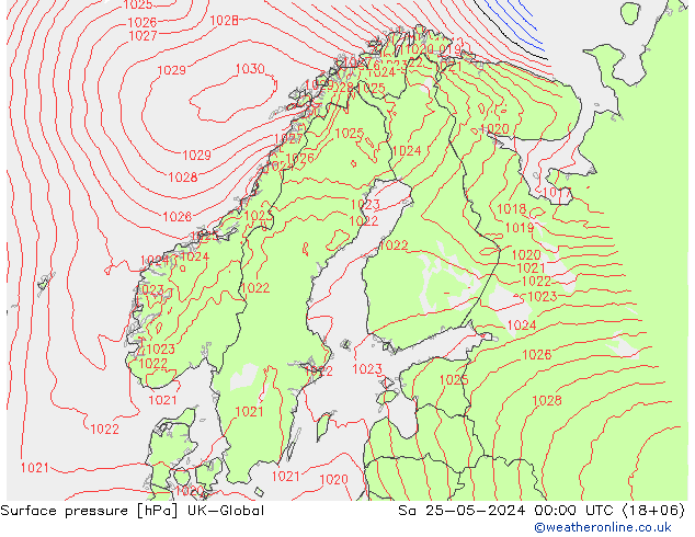 Pressione al suolo UK-Global sab 25.05.2024 00 UTC