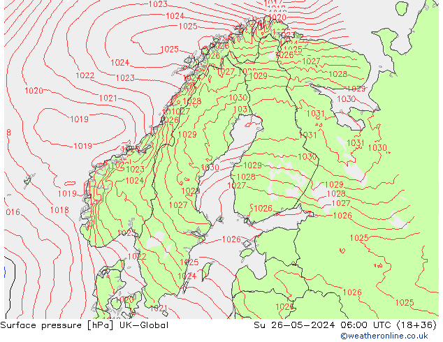 Atmosférický tlak UK-Global Ne 26.05.2024 06 UTC